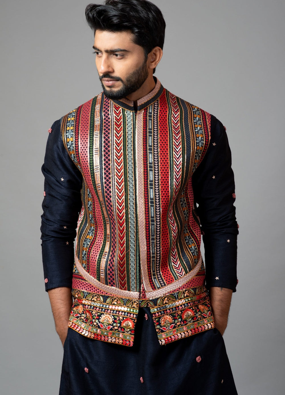 Multicolour Chikankari Nehru With Bullion Rose Embroidered Kurta Smriti - Fabilicious Fashion