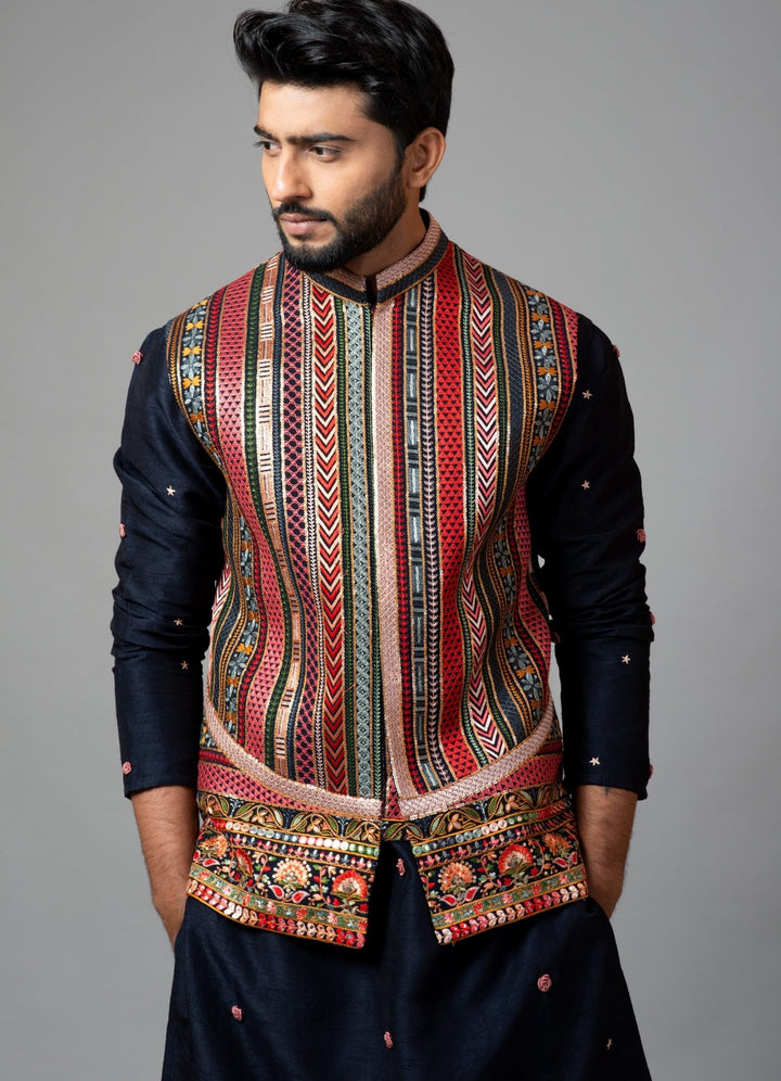 Multicolour Chikankari Nehru With Bullion Rose Embroidered Kurta Smriti - Fabilicious Fashion