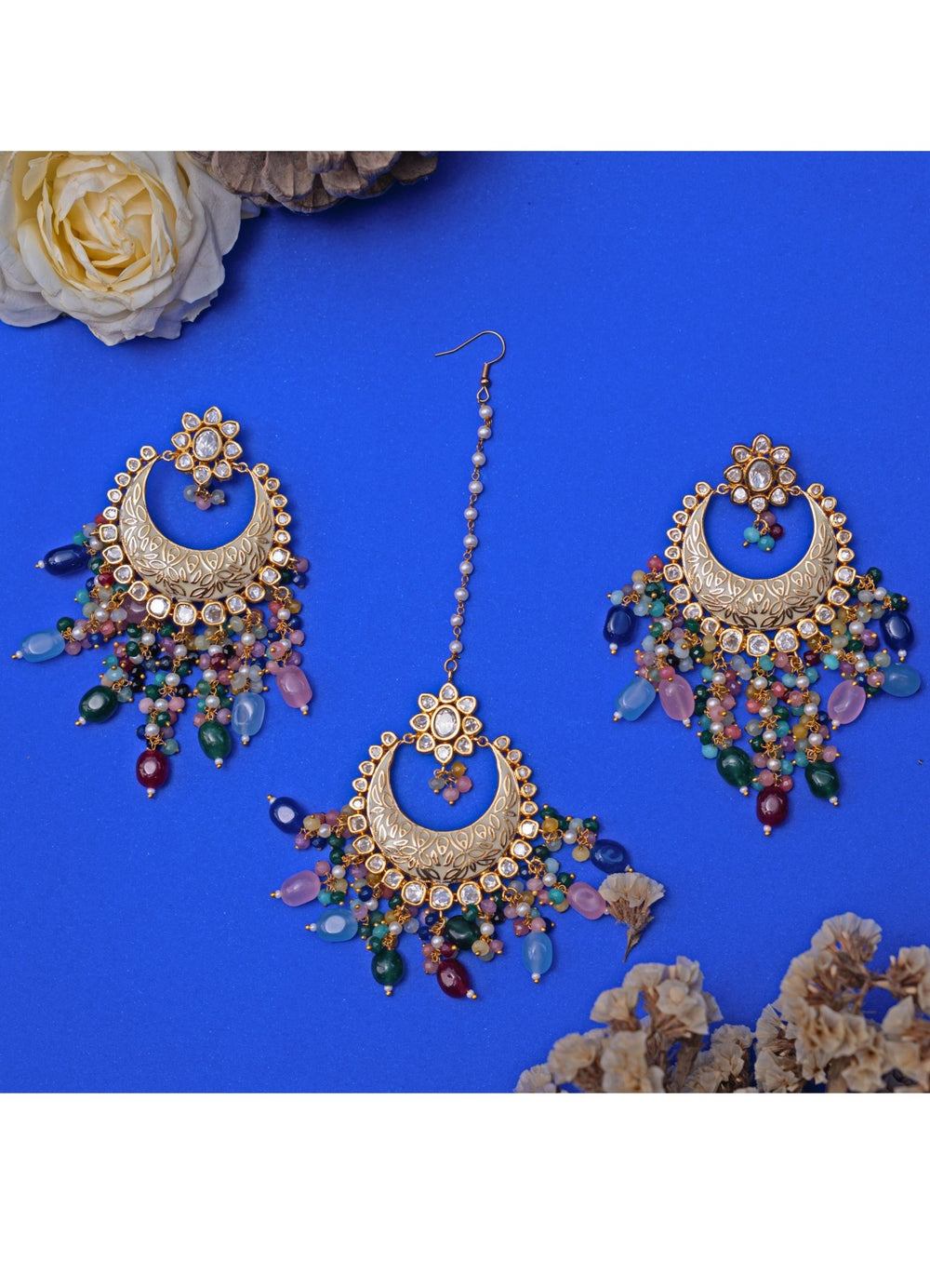Multicolour Pearl Kundan Earrings Zevar by Geeta - Fabilicious Fashion