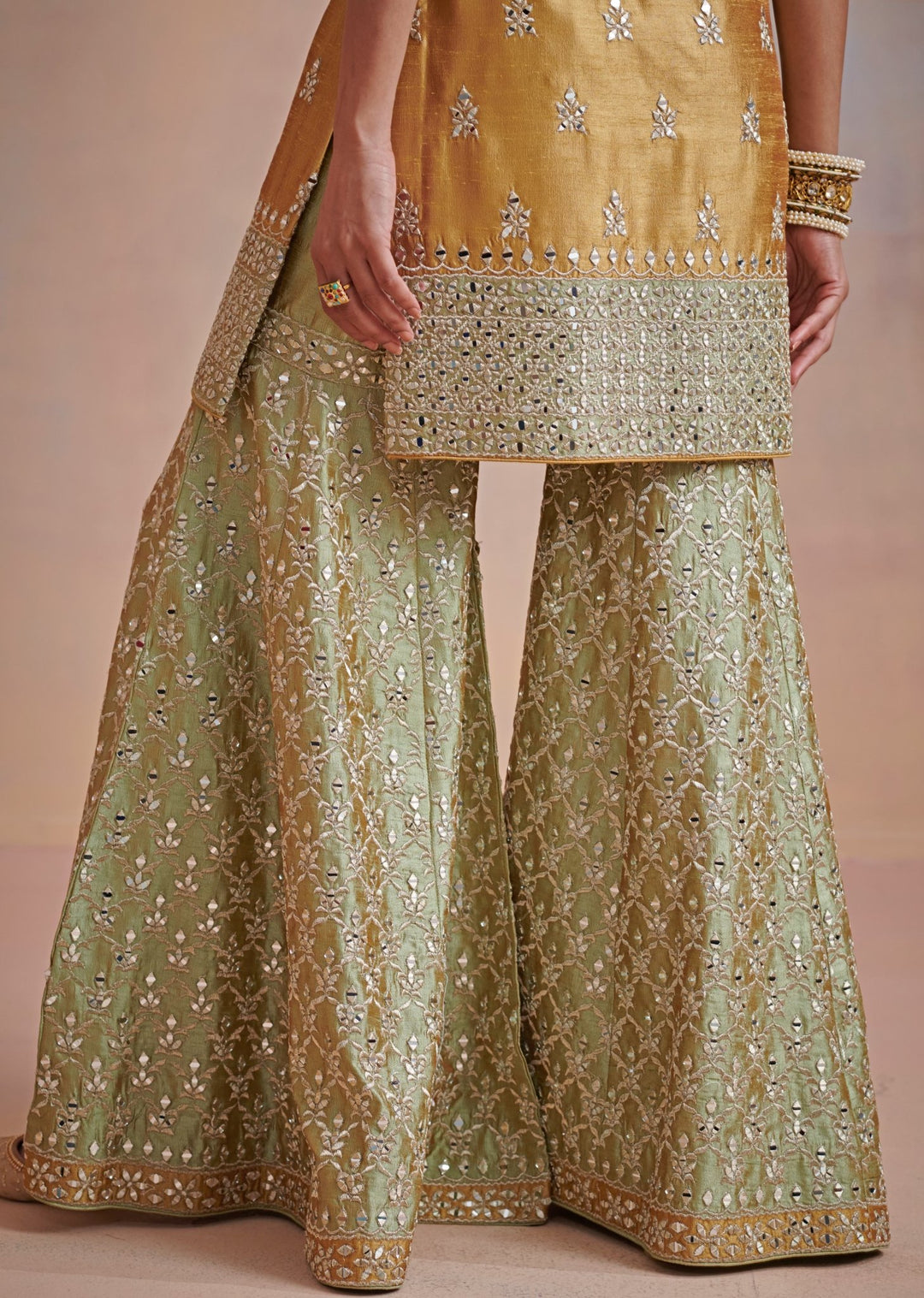 Mustard and Sage green Zari and Mirror Embroidered Set Suhino - Fabilicious Fashion