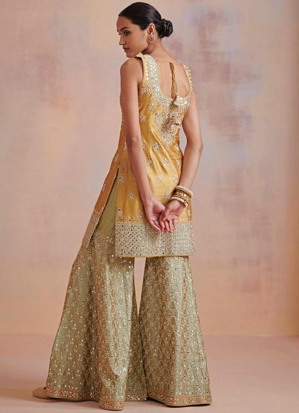 Mustard and Sage green Zari and Mirror Embroidered Set Suhino - Fabilicious Fashion