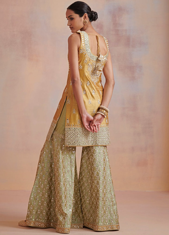 Mustard and Sage green Zari and Mirror Embroidered Set Suhino - Fabilicious Fashion