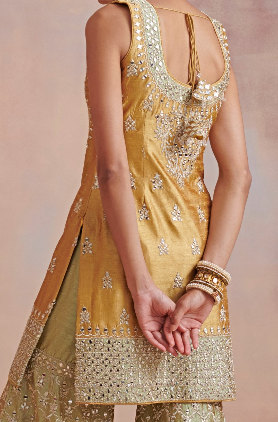 Mustard and Sage green Zari and Mirror Embroidered Set Suhino - Fabilicious Fashion