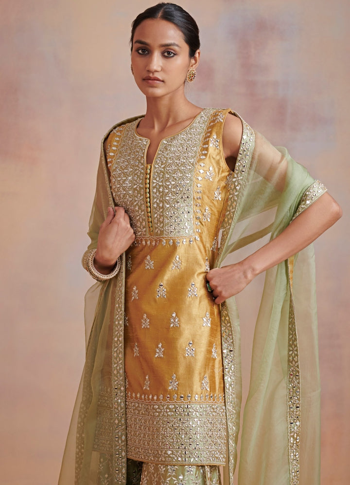 Mustard and Sage green Zari and Mirror Embroidered Set Suhino - Fabilicious Fashion