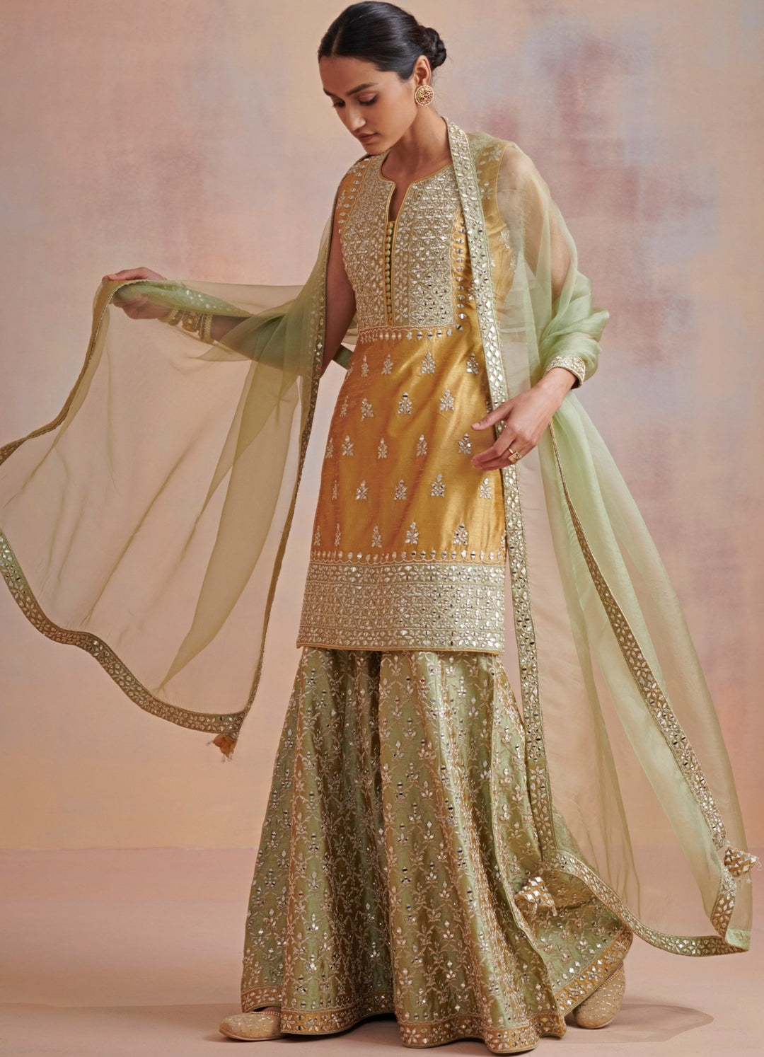 Mustard and Sage green Zari and Mirror Embroidered Set Suhino - Fabilicious Fashion