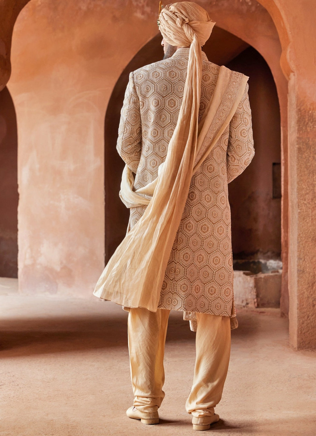 Mustard Patterned Silk Sherwani Set With Pant Nitika Gujral - Men - Fabilicious Fashion