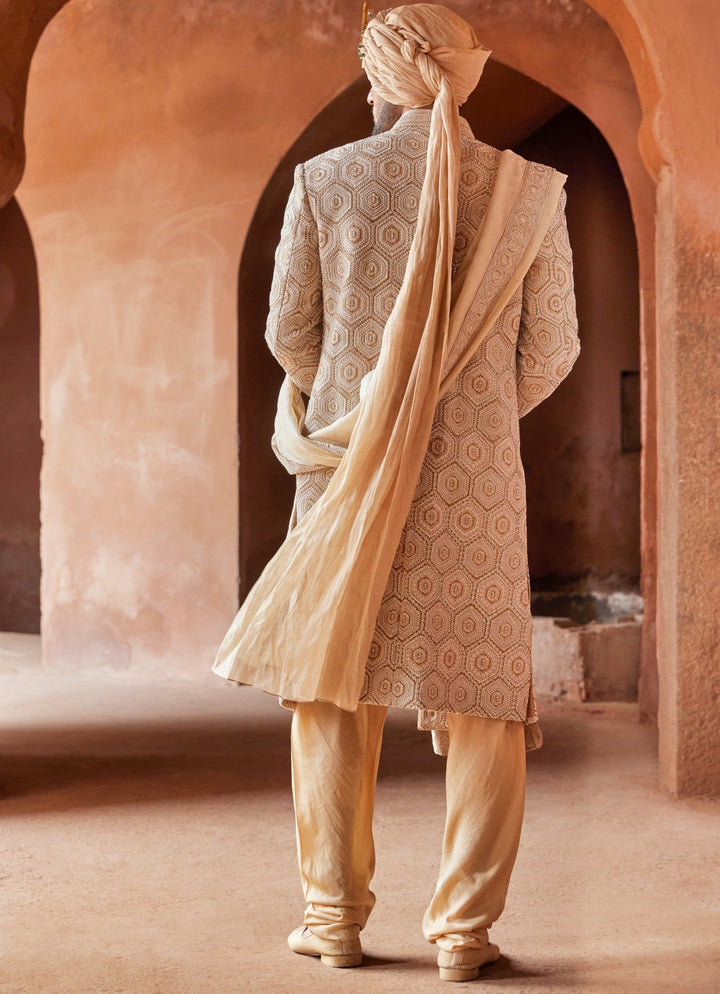 Mustard Patterned Silk Sherwani Set With Pant Nitika Gujral - Men - Fabilicious Fashion