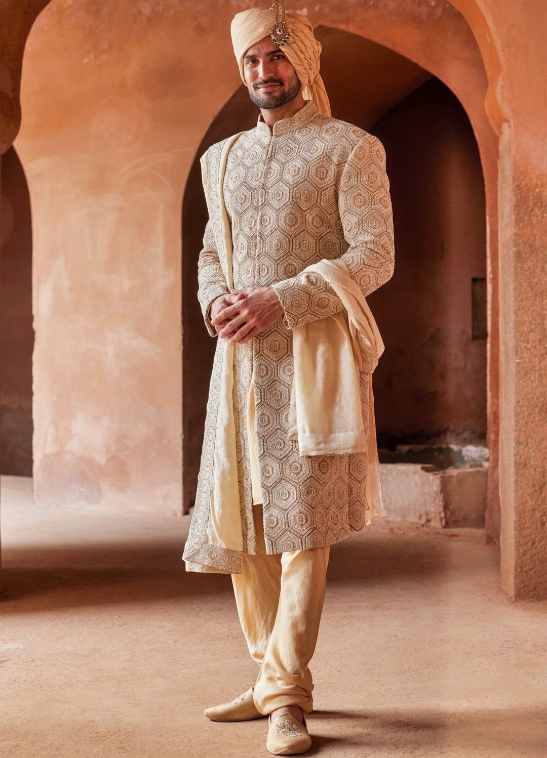 Mustard Patterned Silk Sherwani Set With Pant Nitika Gujral - Men - Fabilicious Fashion