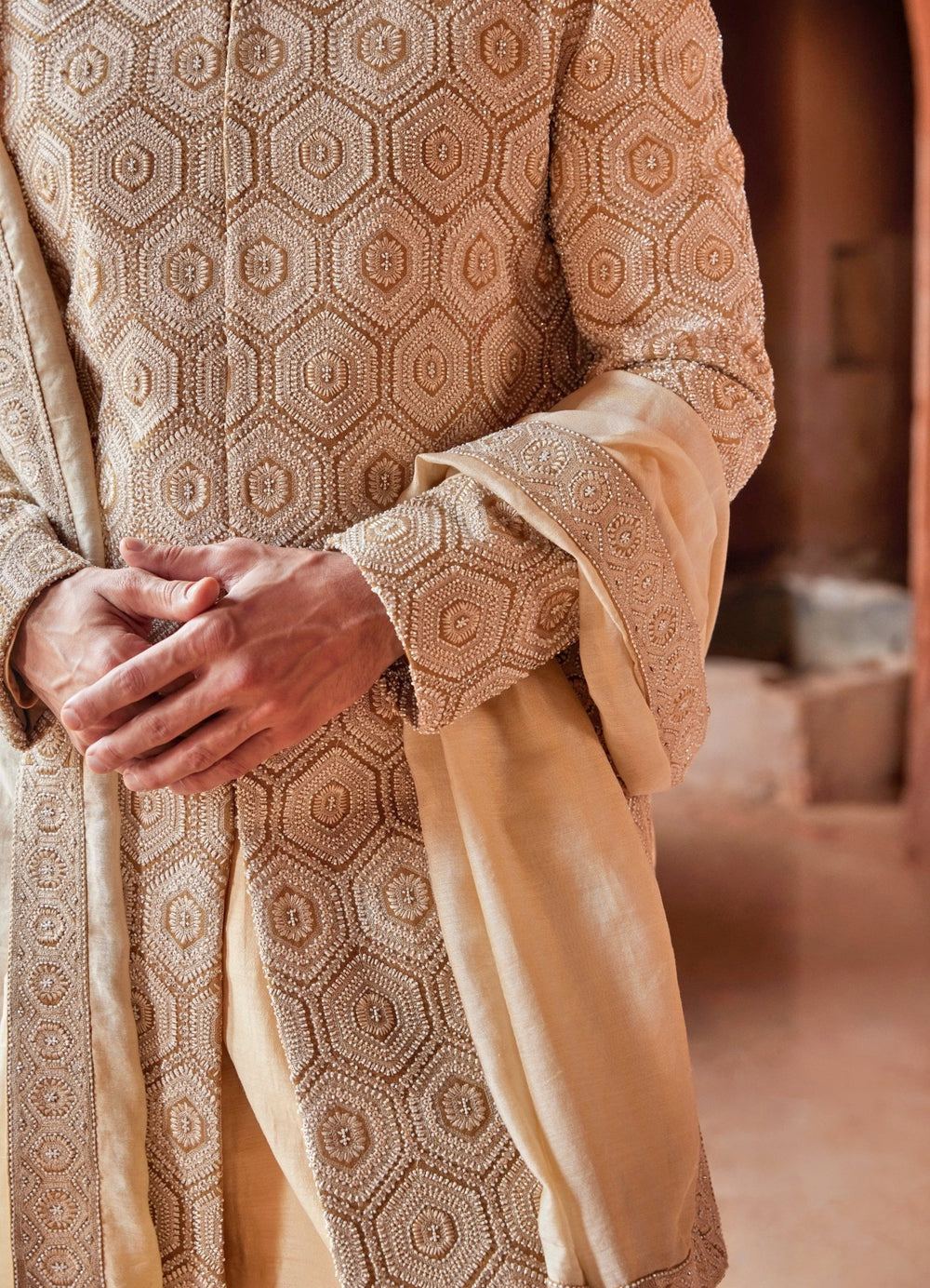 Mustard Patterned Silk Sherwani Set With Pant Nitika Gujral - Men - Fabilicious Fashion