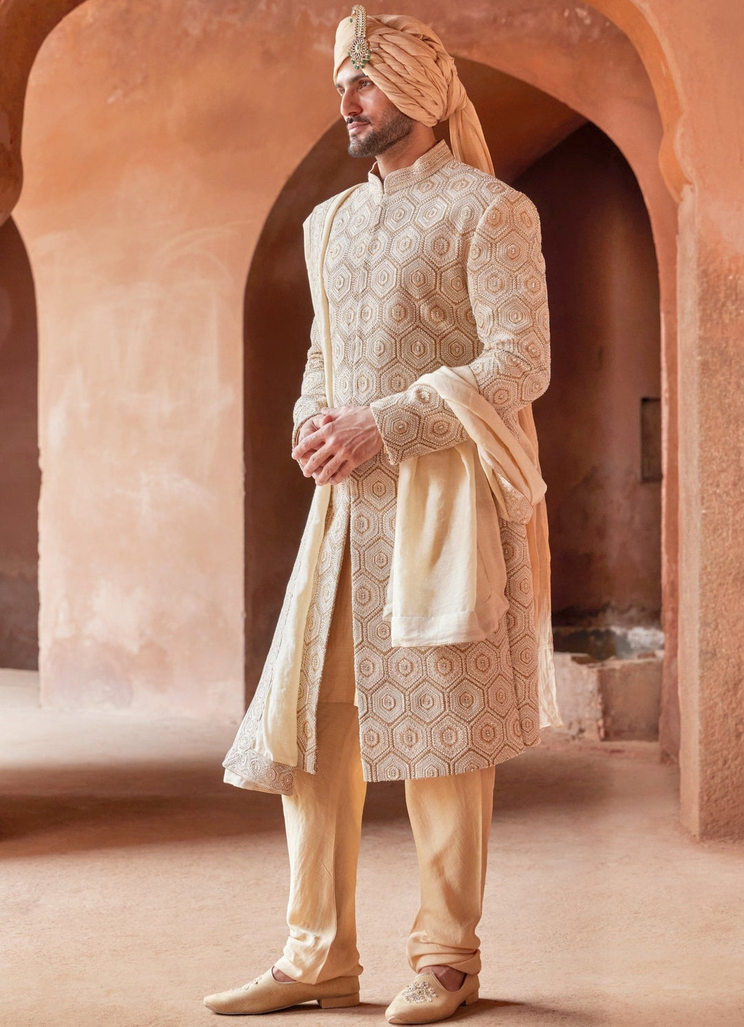 Mustard Patterned Silk Sherwani Set With Pant Nitika Gujral - Men - Fabilicious Fashion