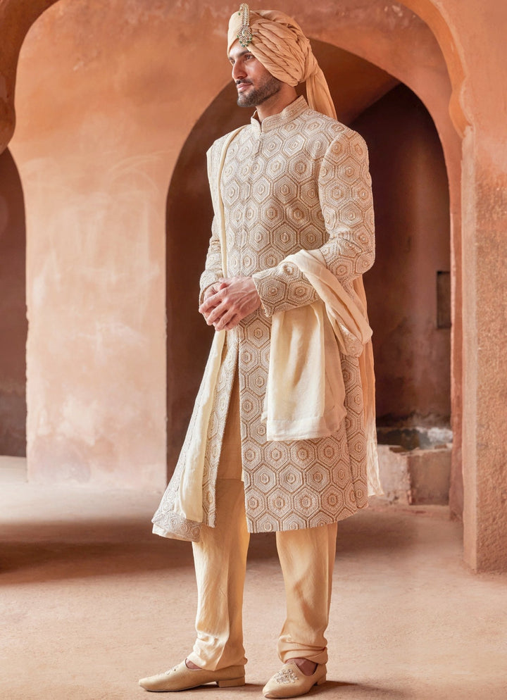 Mustard Patterned Silk Sherwani Set With Pant Nitika Gujral - Men - Fabilicious Fashion