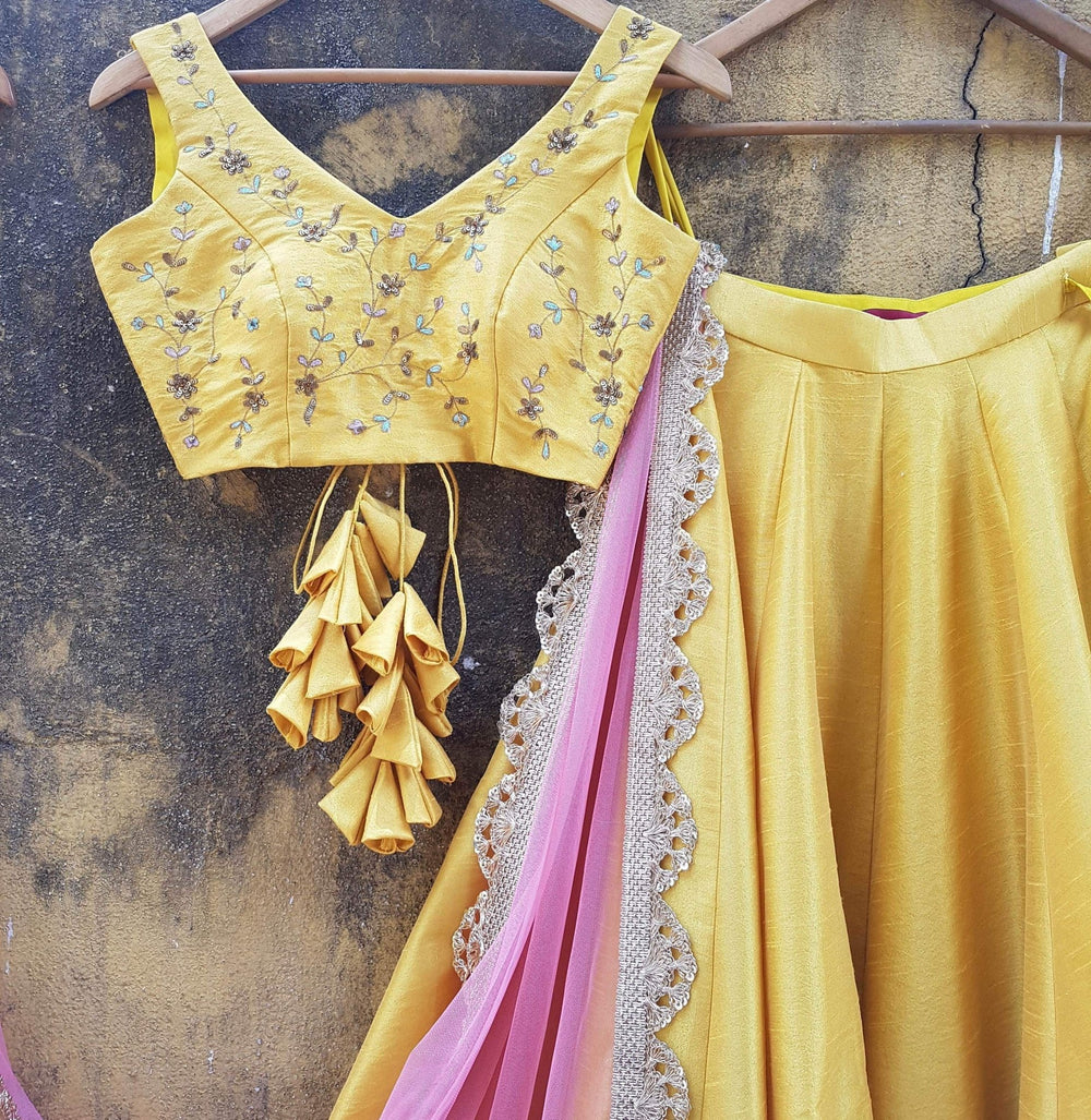 Mustard Raw Silk Lehenga Set with Pink Scallop Dupatta Priti Sahni - Fabilicious Fashion