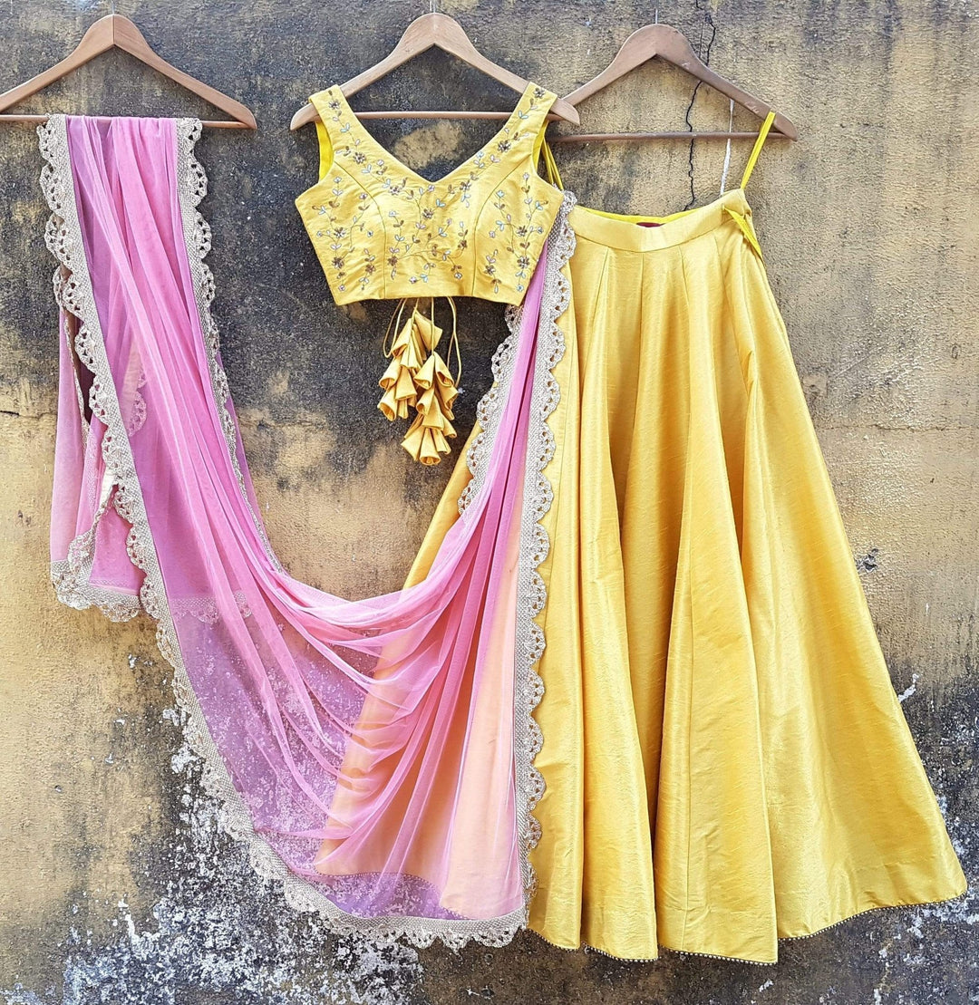 Mustard Raw Silk Lehenga Set with Pink Scallop Dupatta Priti Sahni - Fabilicious Fashion