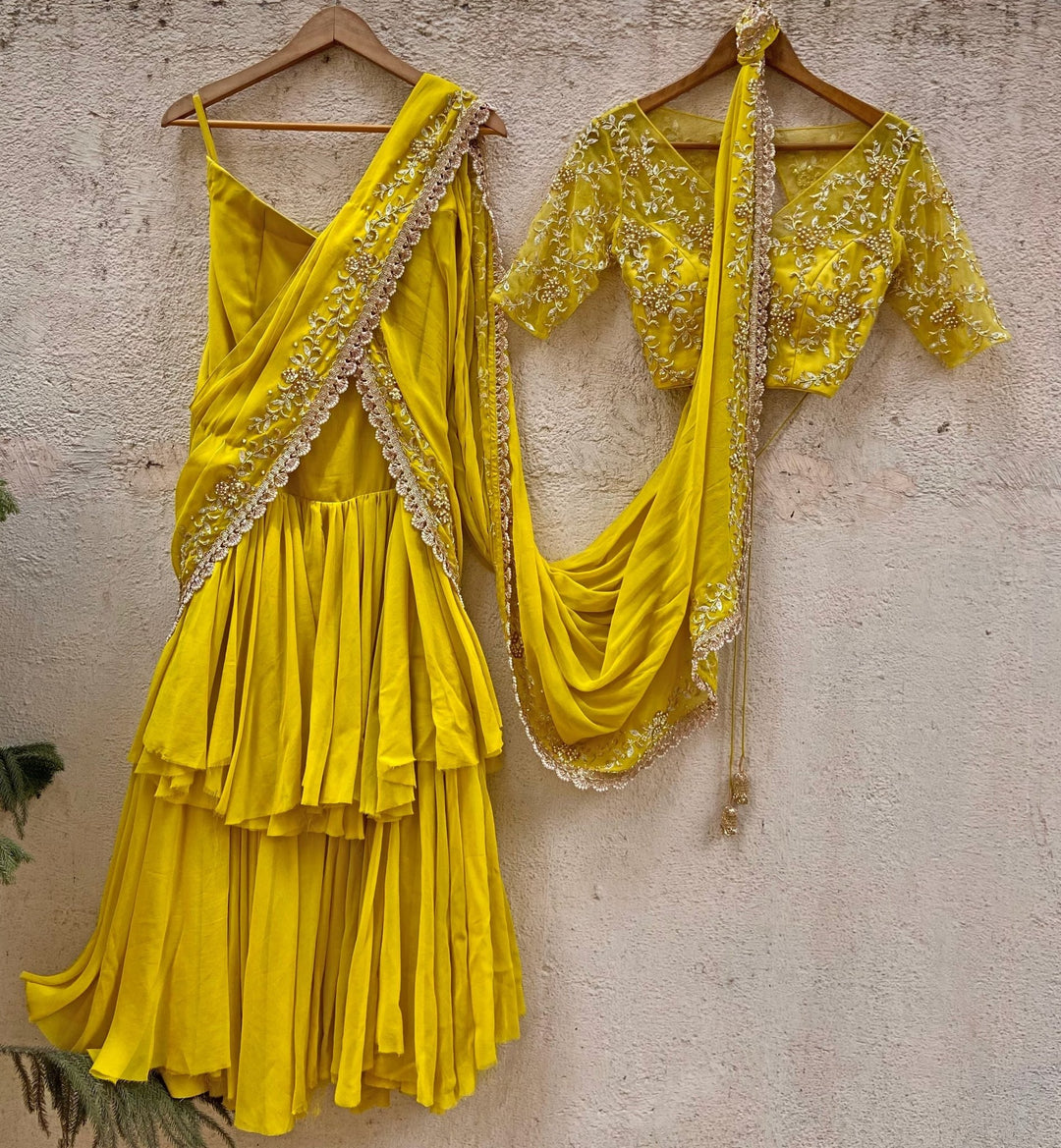 Mustard Ruffle Saree Set Priti Sahni - Fabilicious Fashion