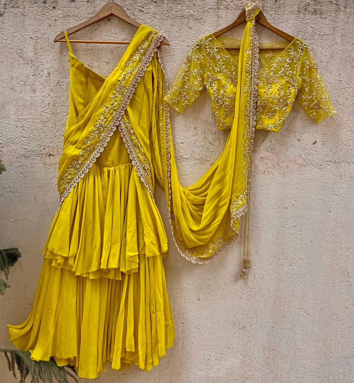 Mustard Ruffle Saree Set Priti Sahni - Fabilicious Fashion
