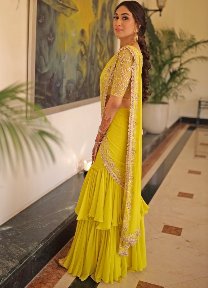 Mustard Ruffle Saree Set Priti Sahni - Fabilicious Fashion