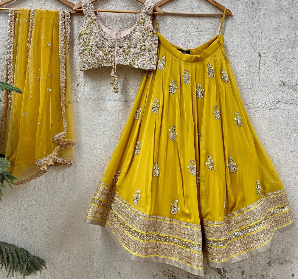 Mustard Yellow and Beige Gold Embroidered Lehenga Set Priti Sahni - Fabilicious Fashion