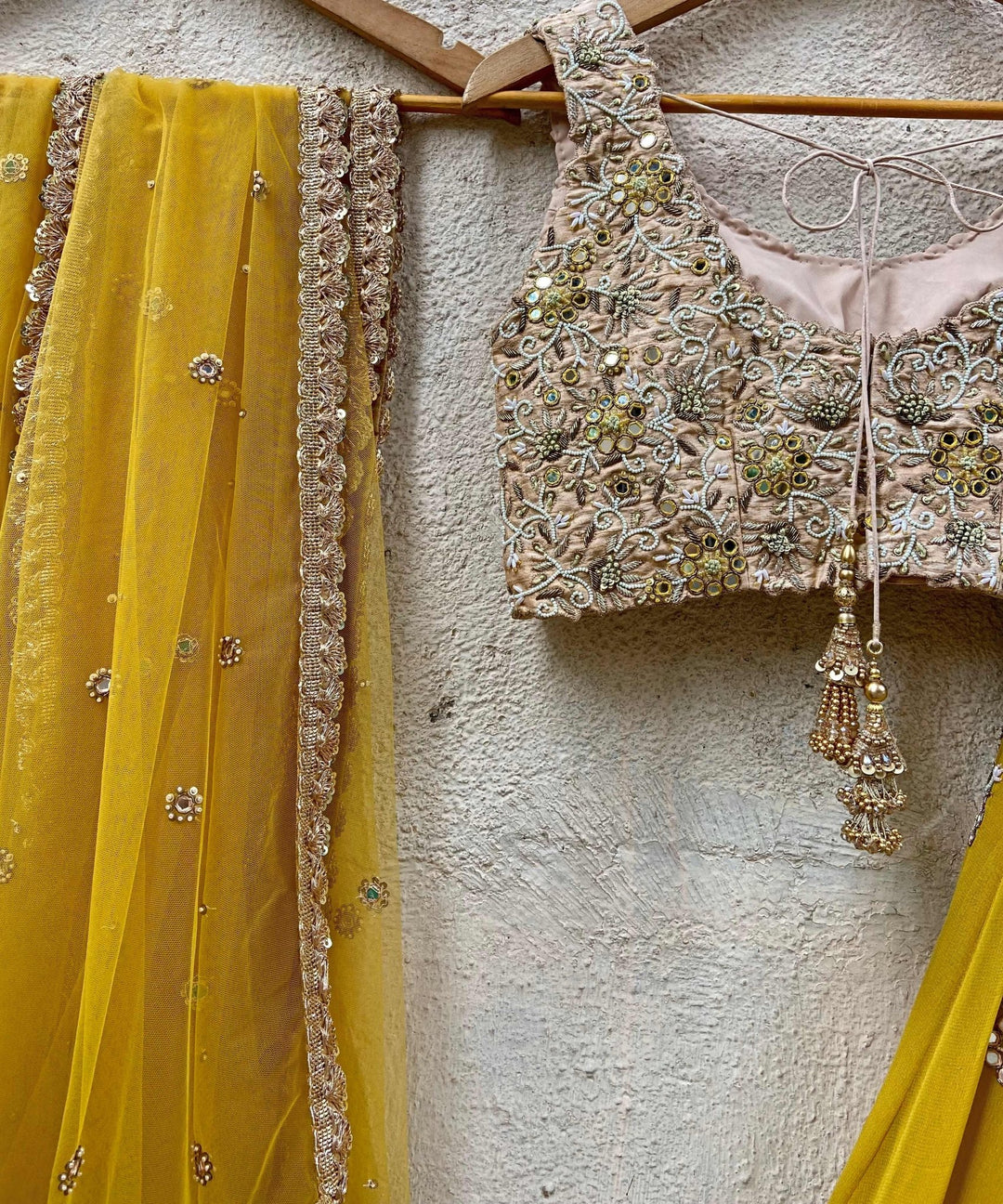 Mustard Yellow and Beige Gold Embroidered Lehenga Set Priti Sahni - Fabilicious Fashion