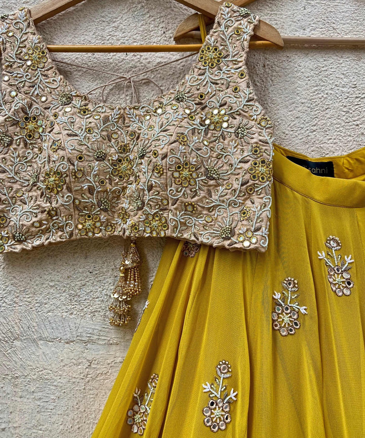 Mustard Yellow and Beige Gold Embroidered Lehenga Set Priti Sahni - Fabilicious Fashion