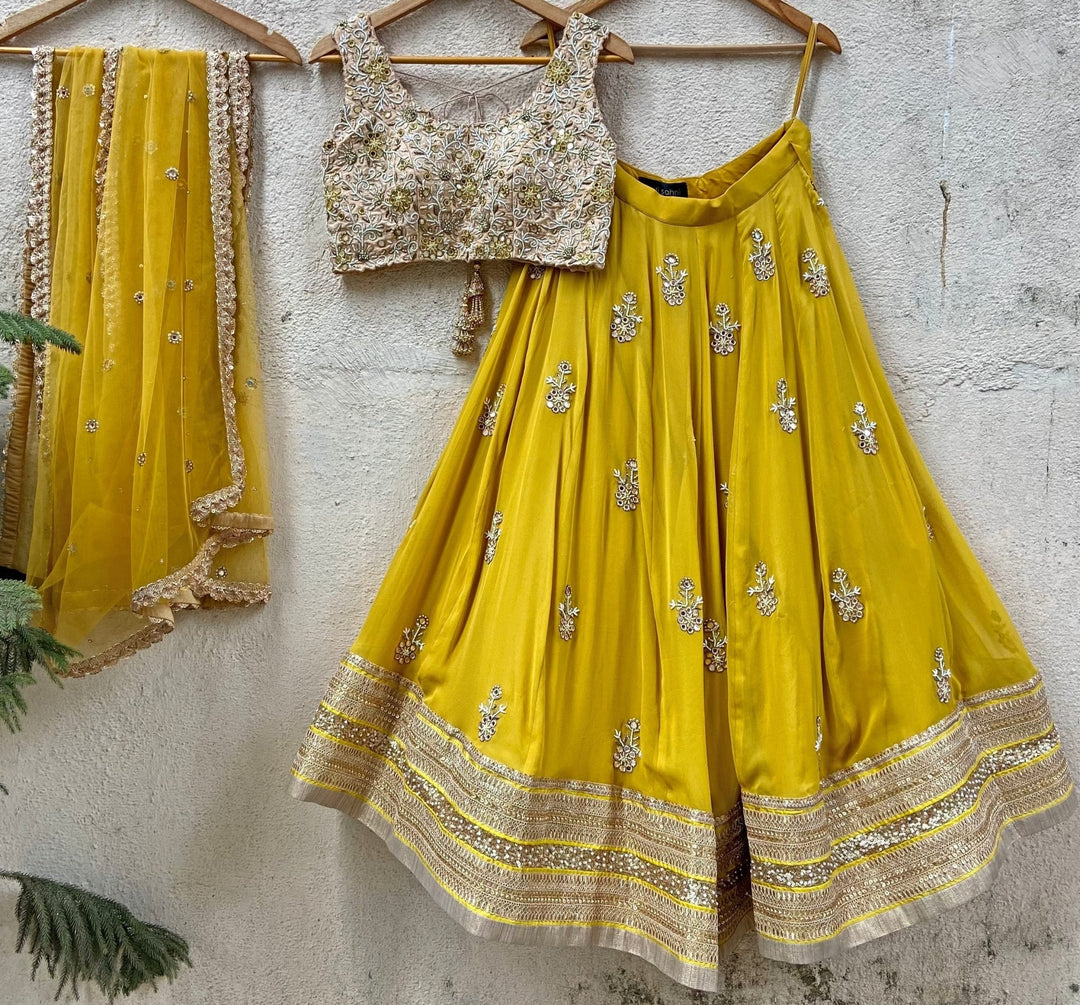 Mustard Yellow and Beige Gold Embroidered Lehenga Set Priti Sahni - Fabilicious Fashion