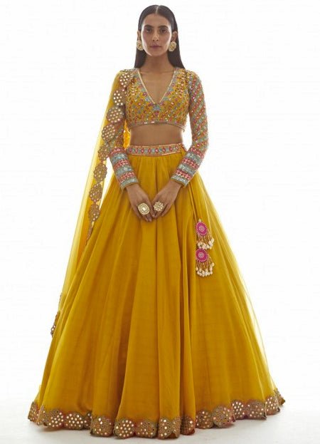 Mustard Yellow Applique Lehenga Set Vvani by Vani Vats - Fabilicious Fashion