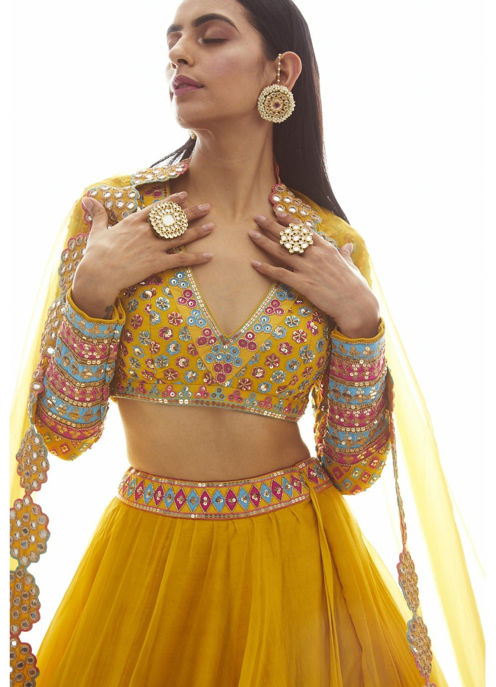 Mustard Yellow Applique Lehenga Set Vvani by Vani Vats - Fabilicious Fashion