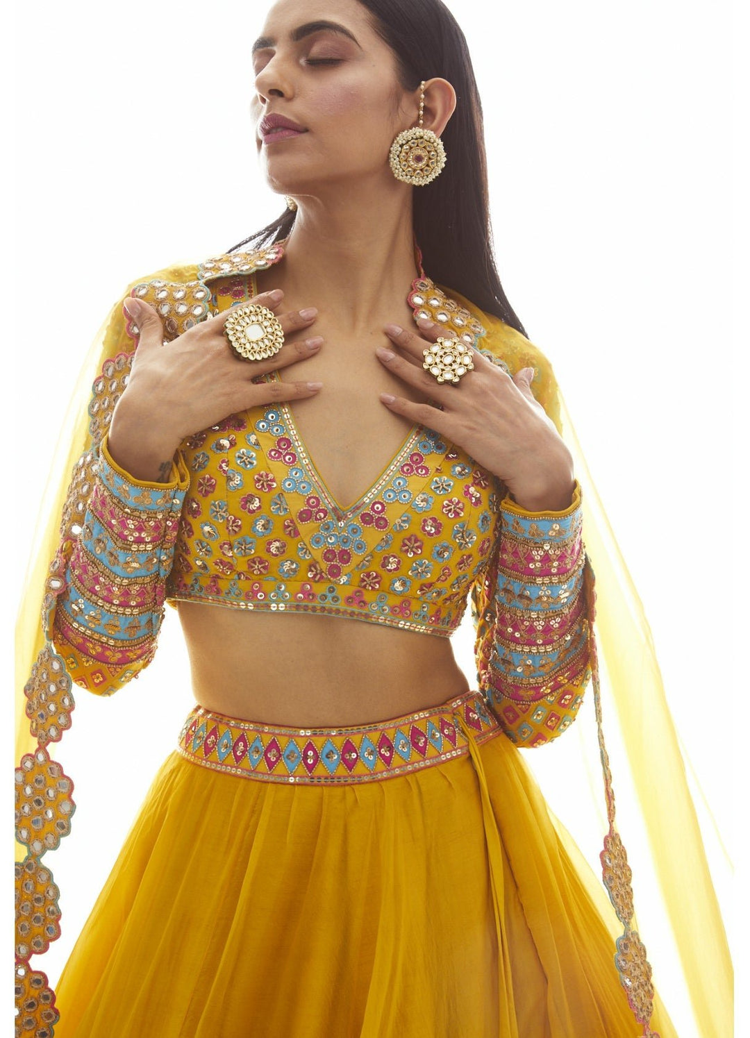 Mustard Yellow Applique Lehenga Set Vvani by Vani Vats - Fabilicious Fashion