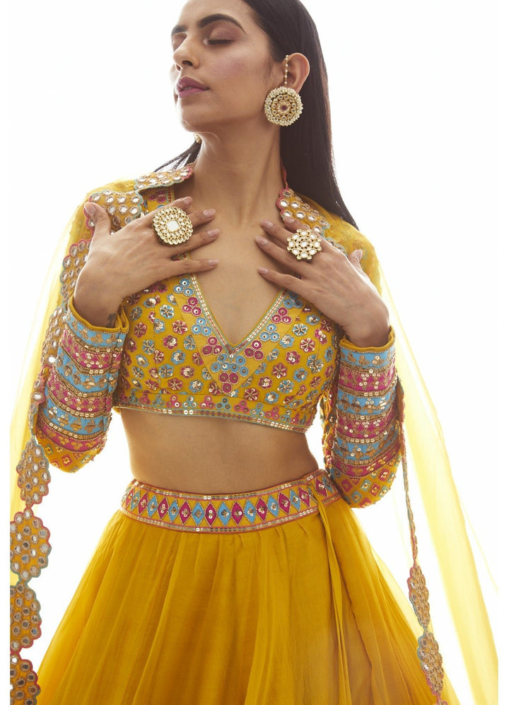 Mustard Yellow Applique Lehenga Set Vvani by Vani Vats - Fabilicious Fashion