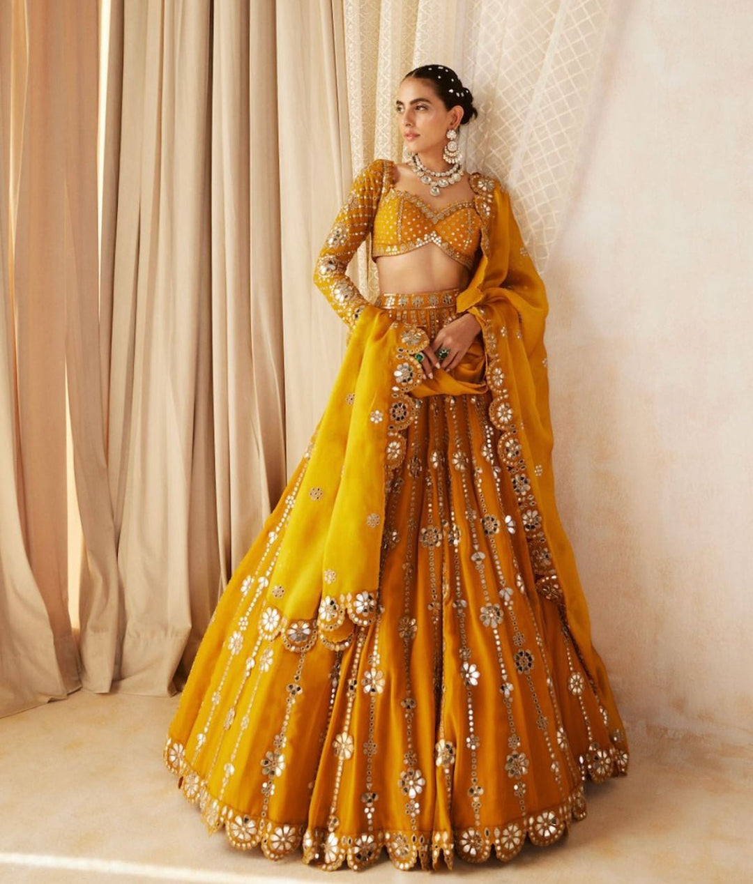 Mustard Yellow Big Flower Linear Lehenga Set Vvani by Vani Vats - Fabilicious Fashion