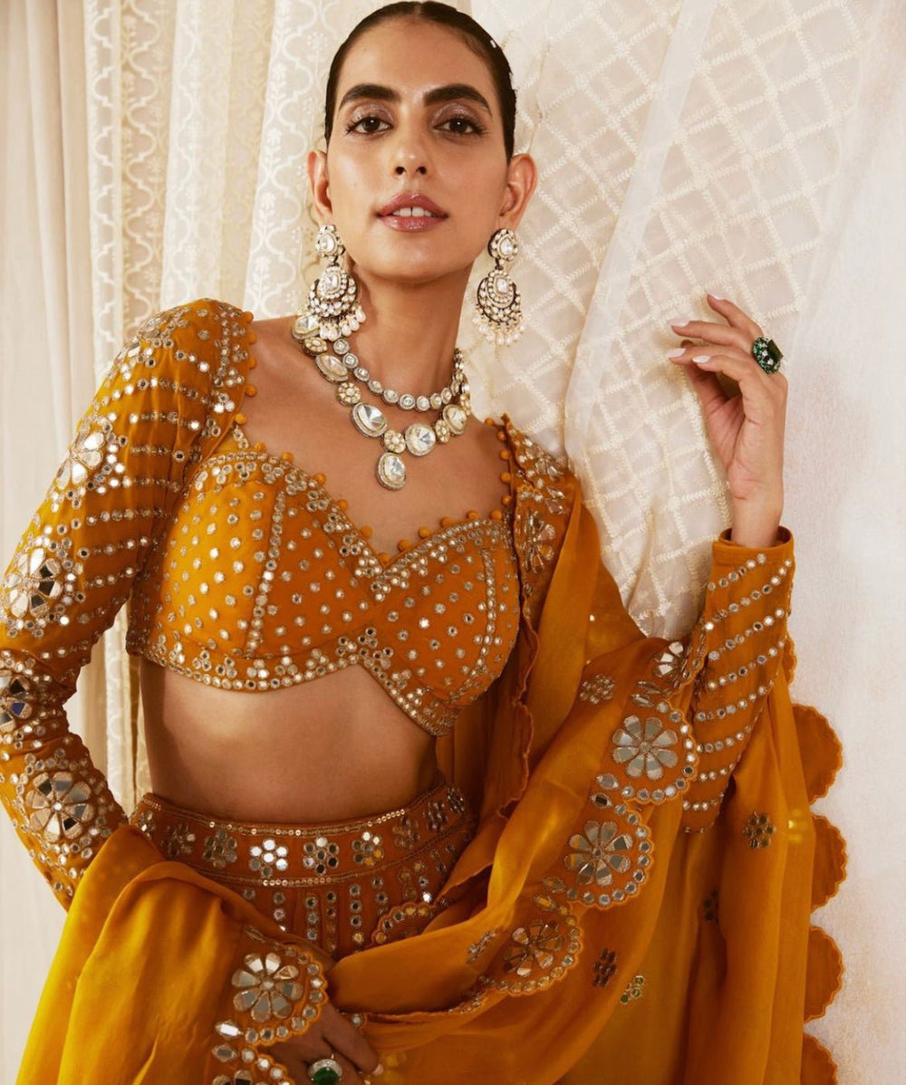 Mustard Yellow Big Flower Linear Lehenga Set Vvani by Vani Vats - Fabilicious Fashion