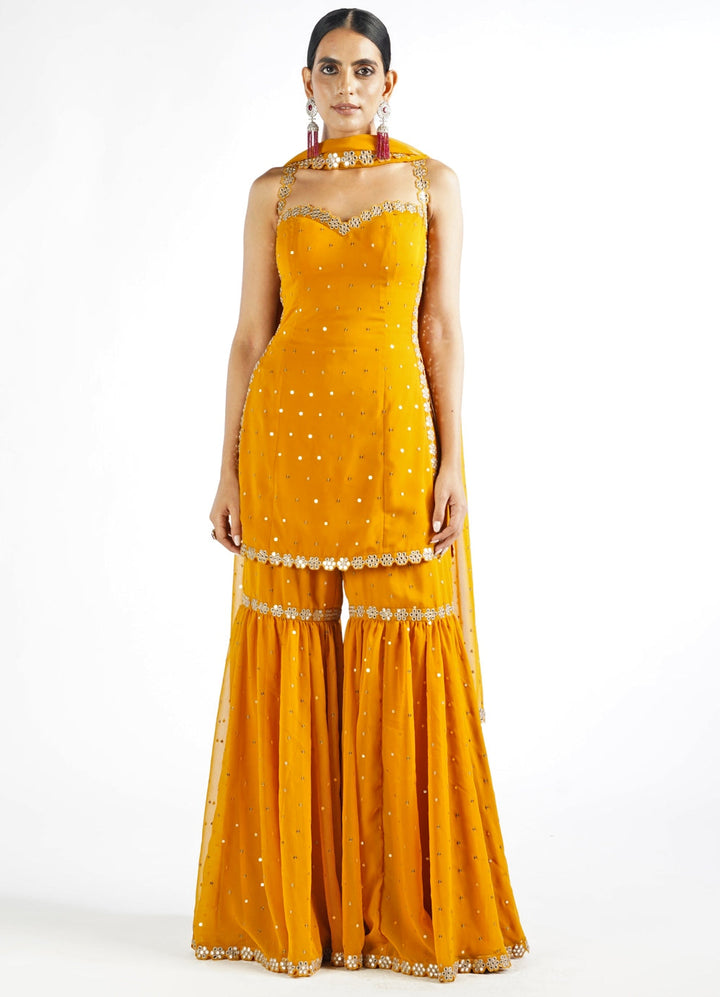 Mustard Yellow Georgette Sharara Set Vvani by Vani Vats - Fabilicious Fashion