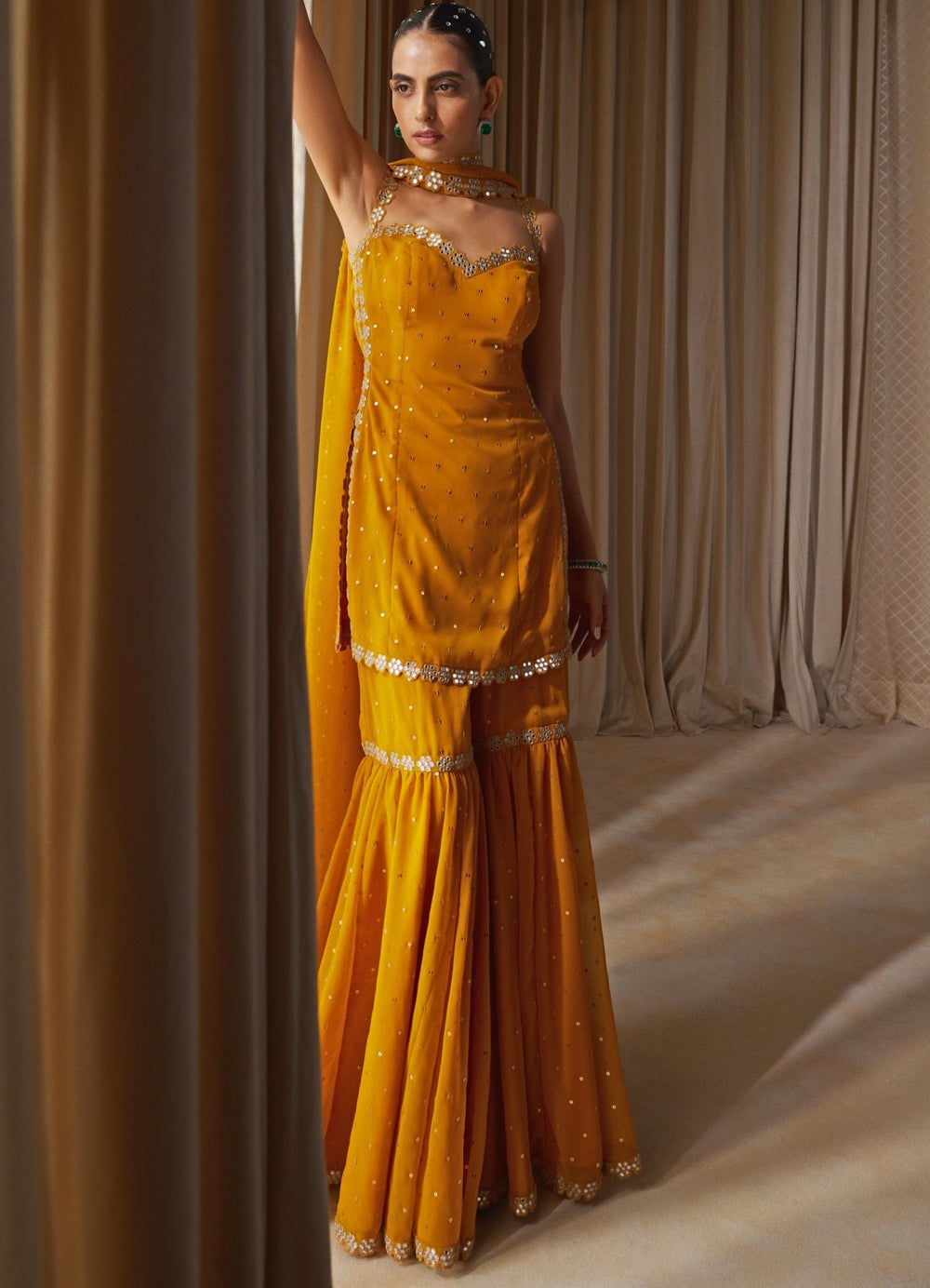 Mustard Yellow Georgette Sharara Set Vvani by Vani Vats - Fabilicious Fashion