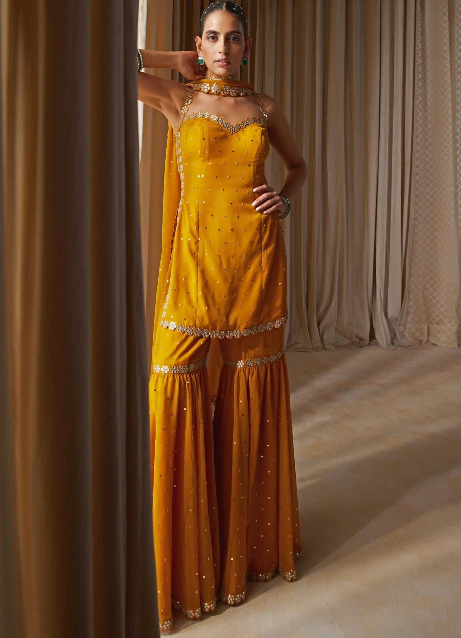 Vvani by Vani Vats mustard yellow georgette sharara set — Lohri outfit for women