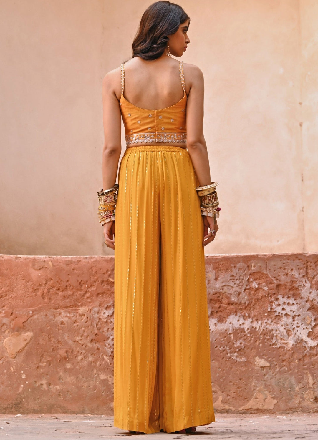 Mustard Yellow Pant and Embroiderd Blouse Set Chamee n Palak - Fabilicious Fashion