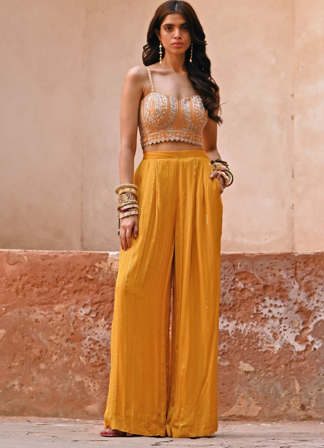 Mustard Yellow Pant and Embroiderd Blouse Set