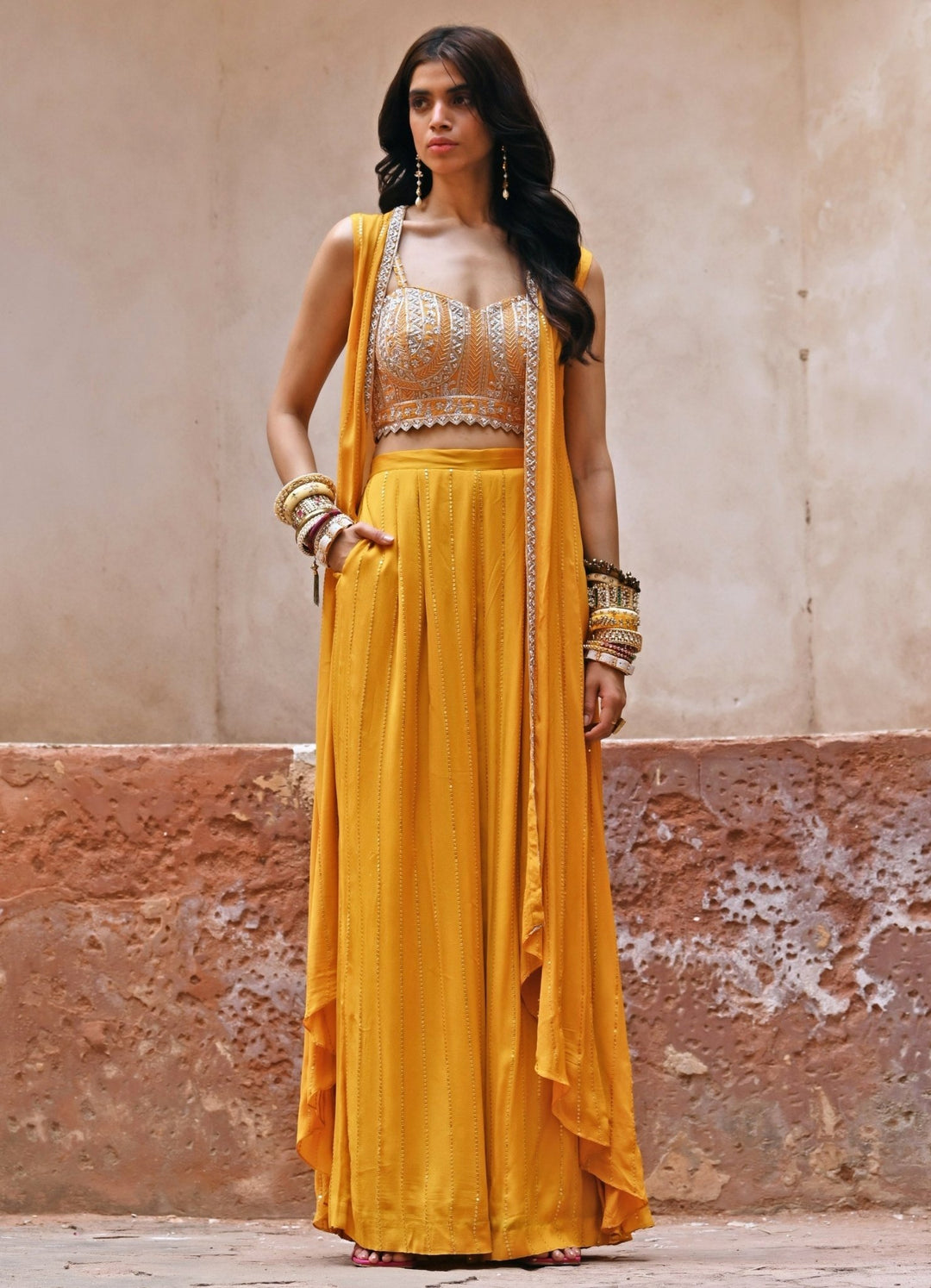 Mustard Yellow Pant and Embroiderd Blouse Set Chamee n Palak - Fabilicious Fashion