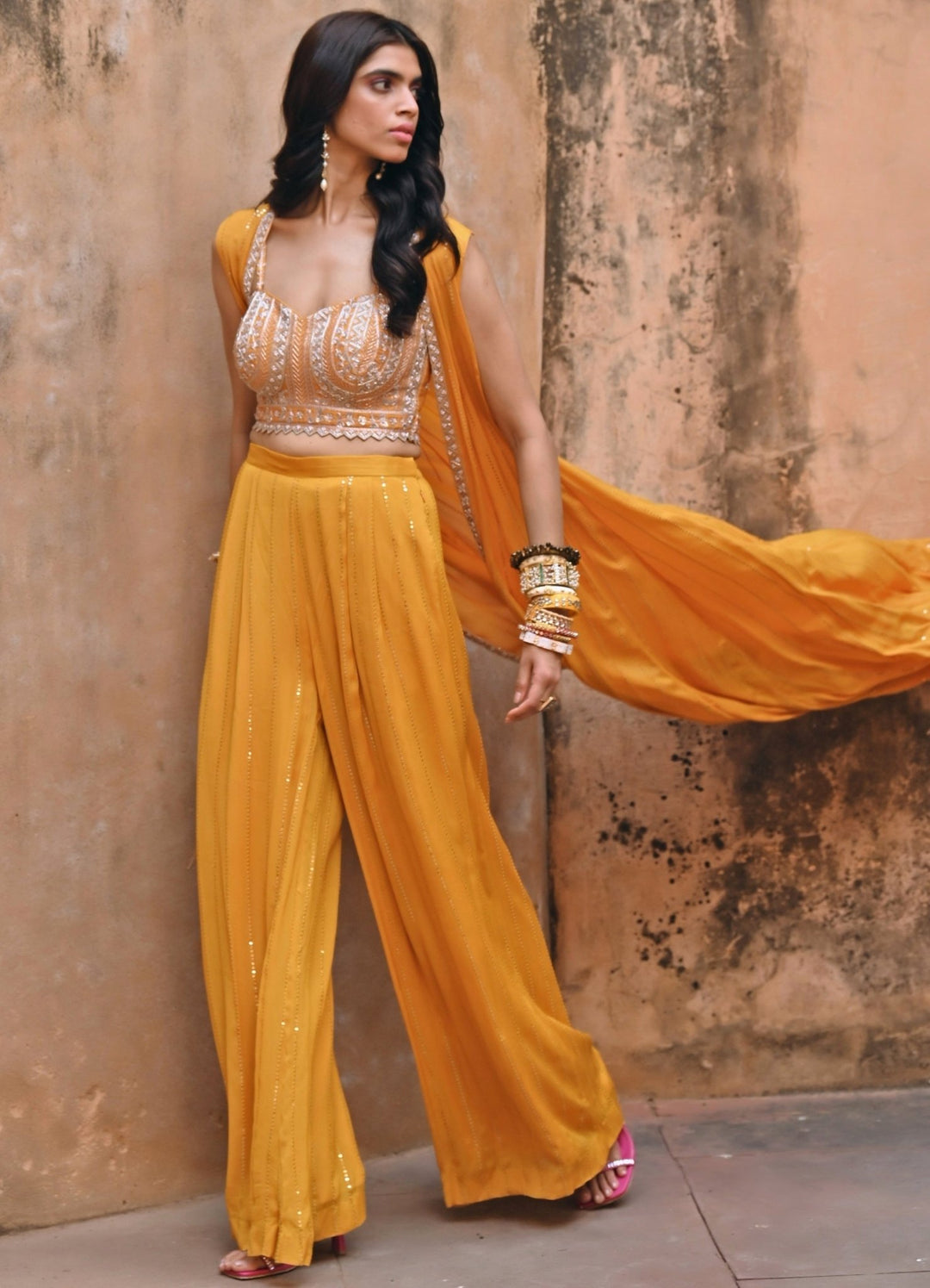 Mustard Yellow Pant and Embroiderd Blouse Set Chamee n Palak - Fabilicious Fashion