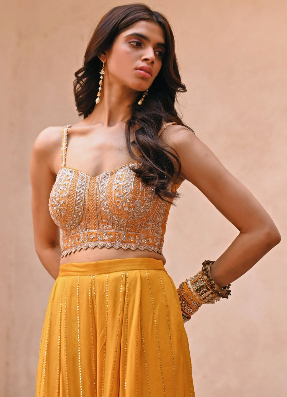 Mustard Yellow Pant and Embroiderd Blouse Set Chamee n Palak - Fabilicious Fashion