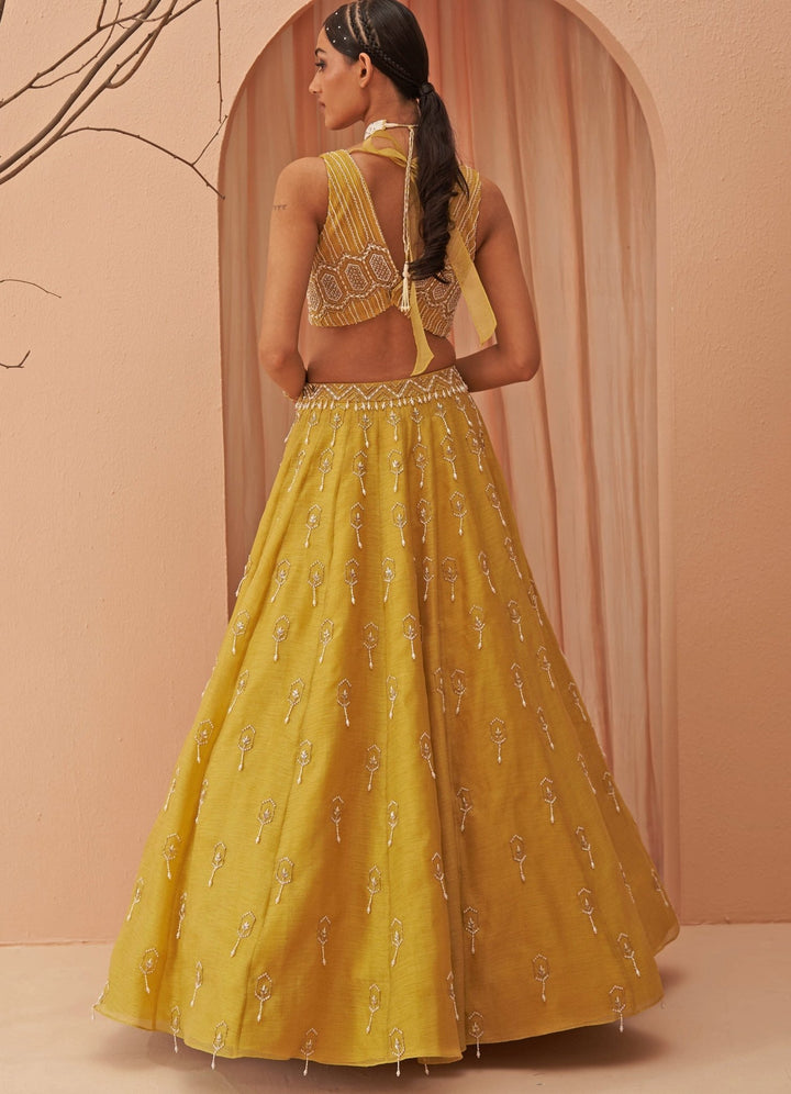 Mustard Yellow Pearl Embroidered lehenga Set Parul Gandhi - Fabilicious Fashion