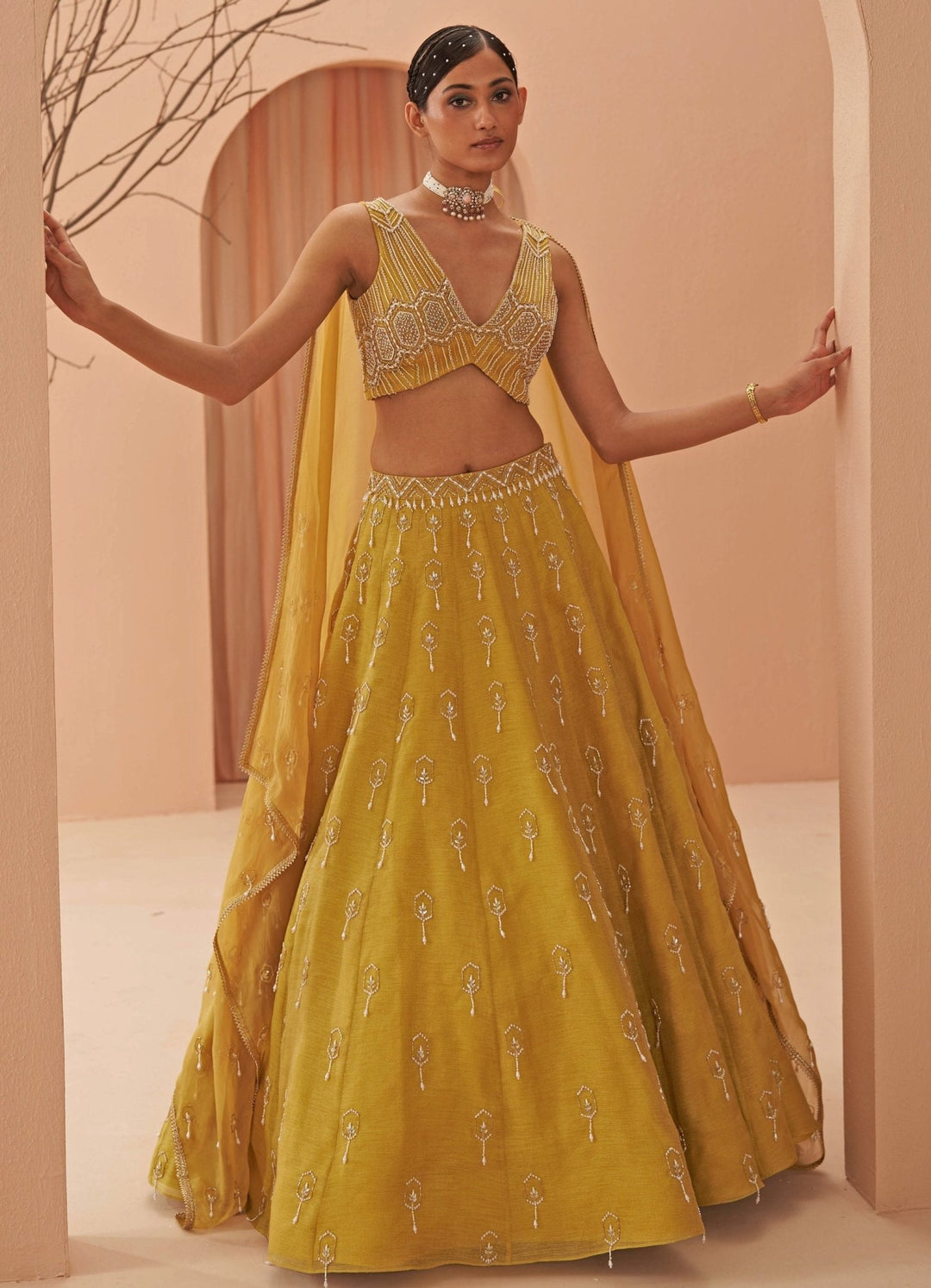 Mustard Yellow Pearl Embroidered lehenga Set Parul Gandhi - Fabilicious Fashion