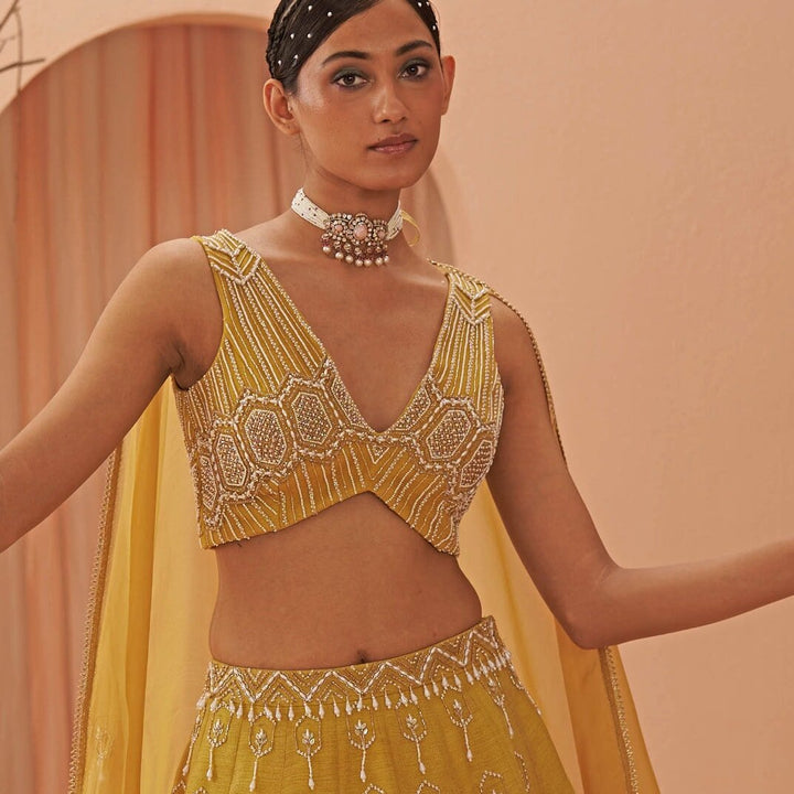 Mustard Yellow Pearl Embroidered lehenga Set Parul Gandhi - Fabilicious Fashion