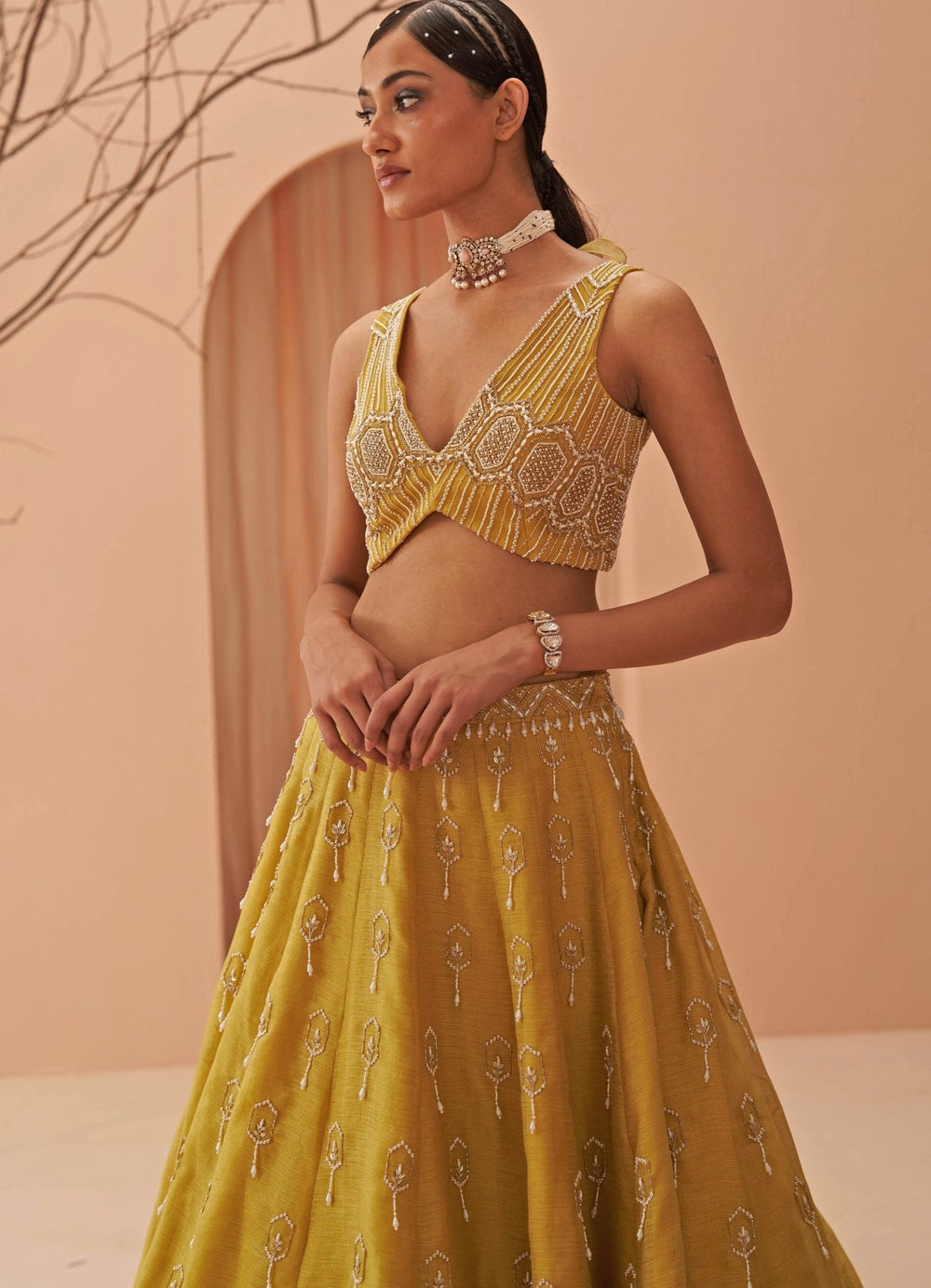 Mustard Yellow Pearl Embroidered lehenga Set Parul Gandhi - Fabilicious Fashion