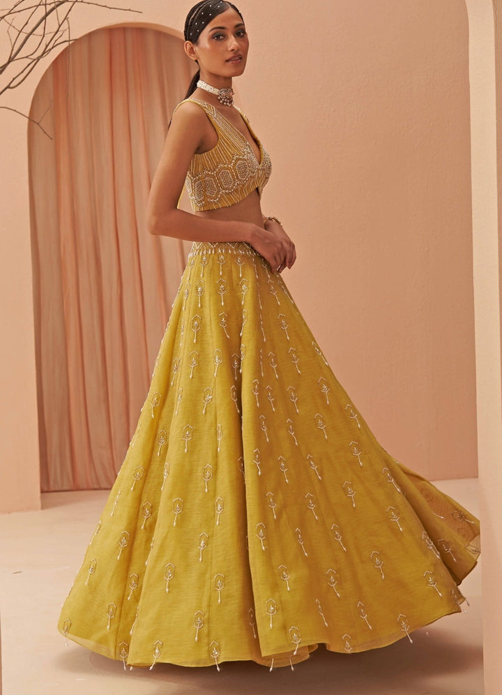 Mustard Yellow Pearl Embroidered lehenga Set Parul Gandhi - Fabilicious Fashion