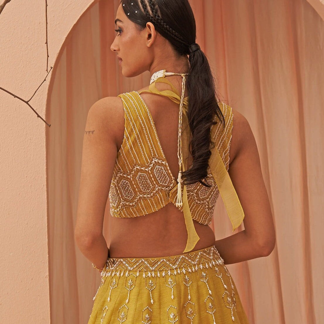 Mustard Yellow Pearl Embroidered lehenga Set Parul Gandhi - Fabilicious Fashion