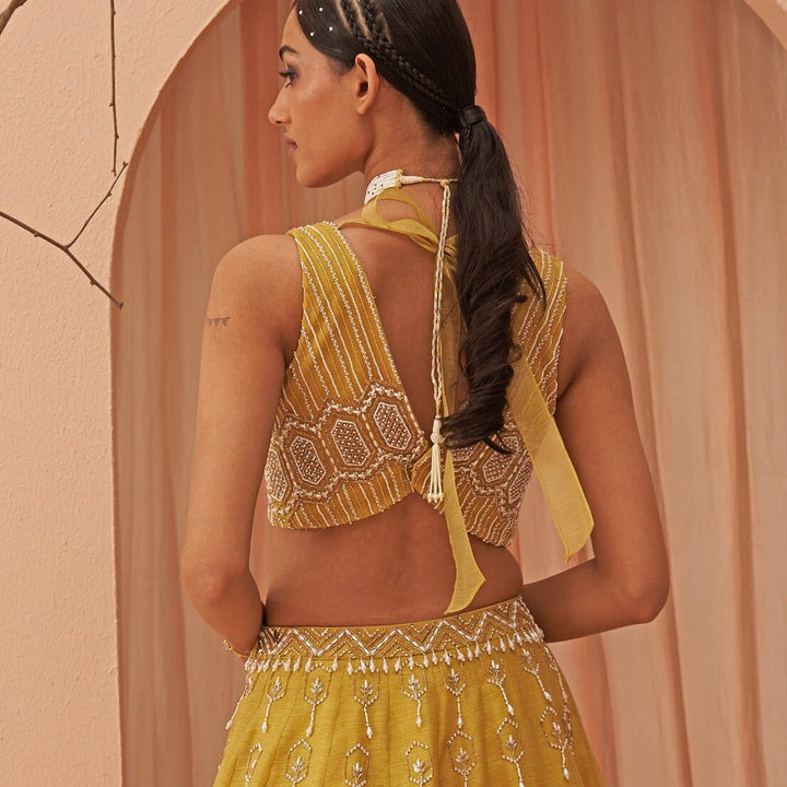 Mustard Yellow Pearl Embroidered lehenga Set Parul Gandhi - Fabilicious Fashion