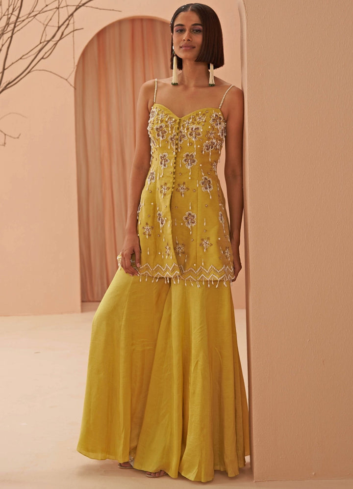 Mustard Yellow pearl sharara set Parul Gandhi - Fabilicious Fashion
