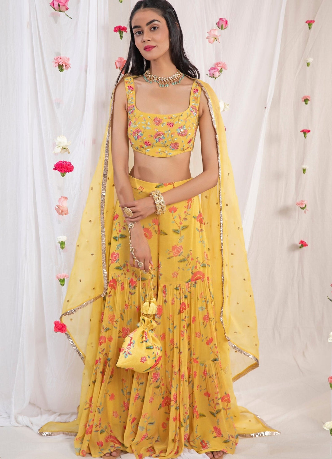 Mustard Yellow Printed Blouse And Sharara Set Esha Koul - Fabilicious Fashion