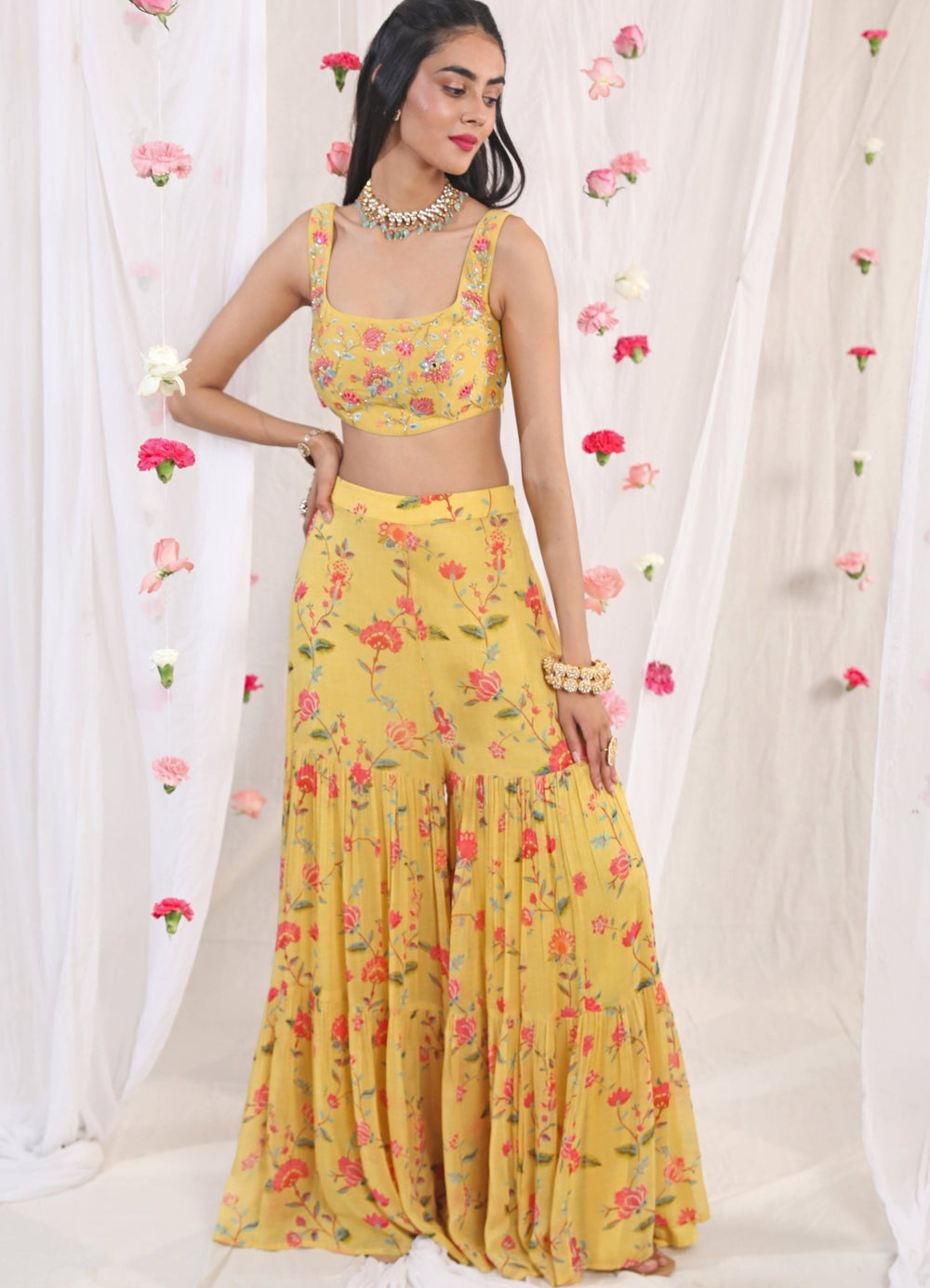 Mustard Yellow Printed Blouse And Sharara Set Esha Koul - Fabilicious Fashion