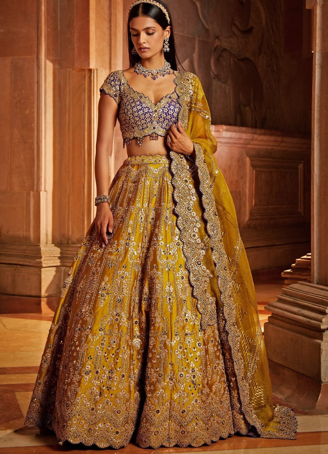 Mustard Yellow Taffeta Lehenga With Purple Blouse and Mustard Yellow Dupatta Nitika Gujral - Fabilicious Fashion
