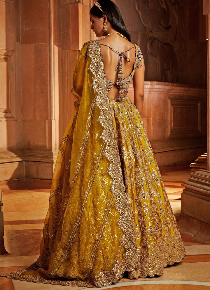 Mustard Yellow Taffeta Lehenga With Purple Blouse and Mustard Yellow Dupatta Nitika Gujral - Fabilicious Fashion